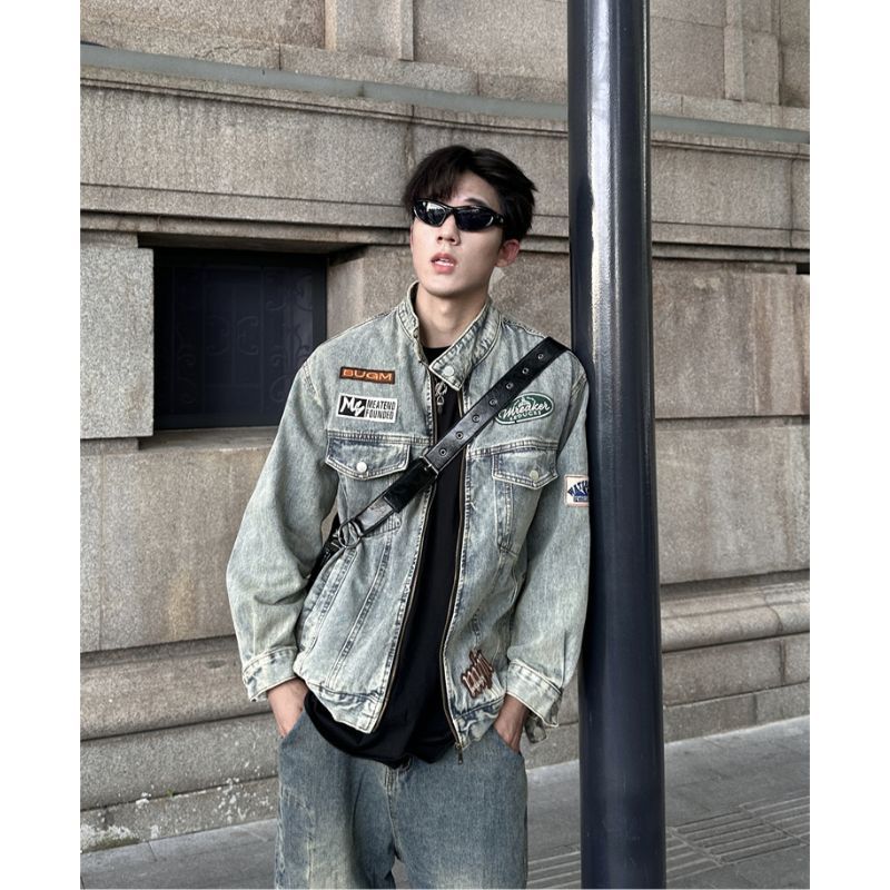 Áo Khoác Denim Jacket Unisex Dáng Rộng Khóa Kéo Họa Tiết Thêu Cao Cấp