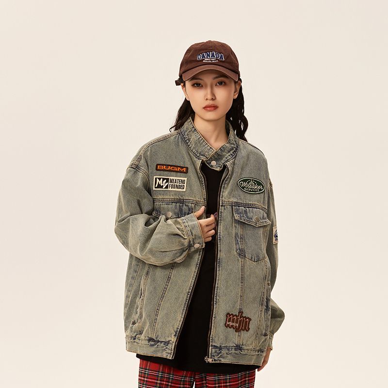 Áo Khoác Denim Jacket Unisex Dáng Rộng Khóa Kéo Họa Tiết Thêu Cao Cấp