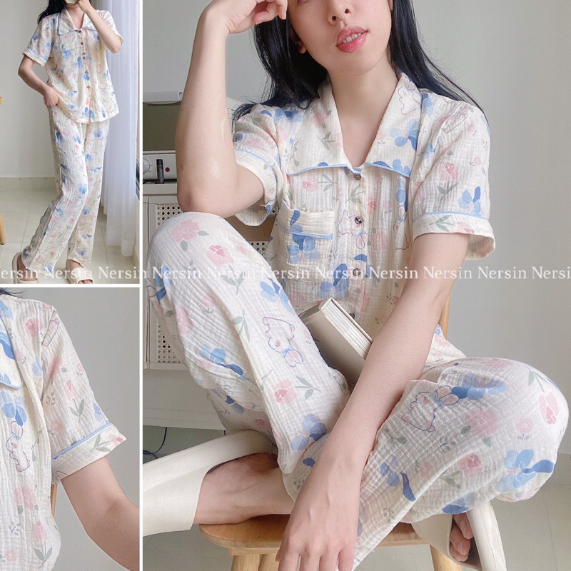 Bộ dài Pjzama mặc nhà Nersin tay ngắn chất liệu xô muslin cao cấp
