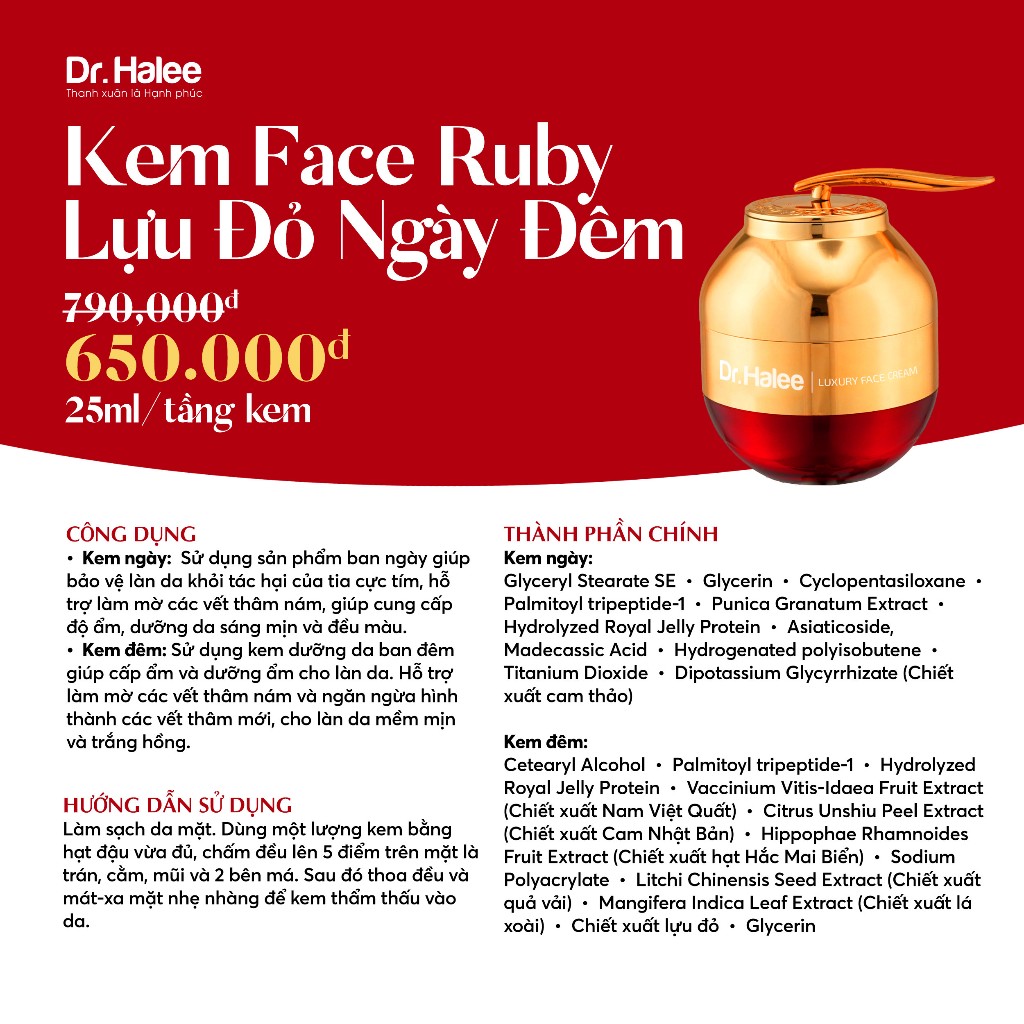 Kem Face Ruby Lựu Đỏ Dr.Halee Dưỡng Trắng Da Ngày & Đêm 50g