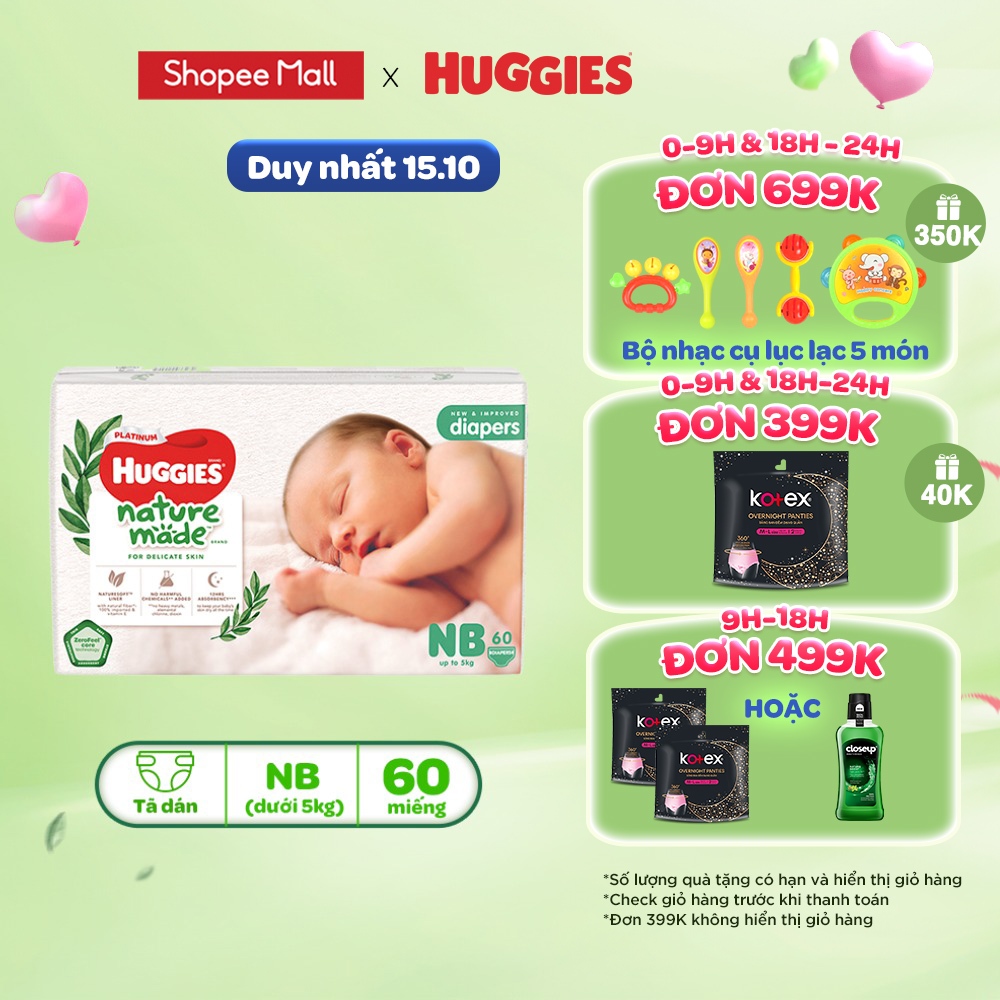 Tã Bỉm dán sơ sinh Huggies Platinum NatureMade NB60 dưới 5kg Gói Jumbo 60