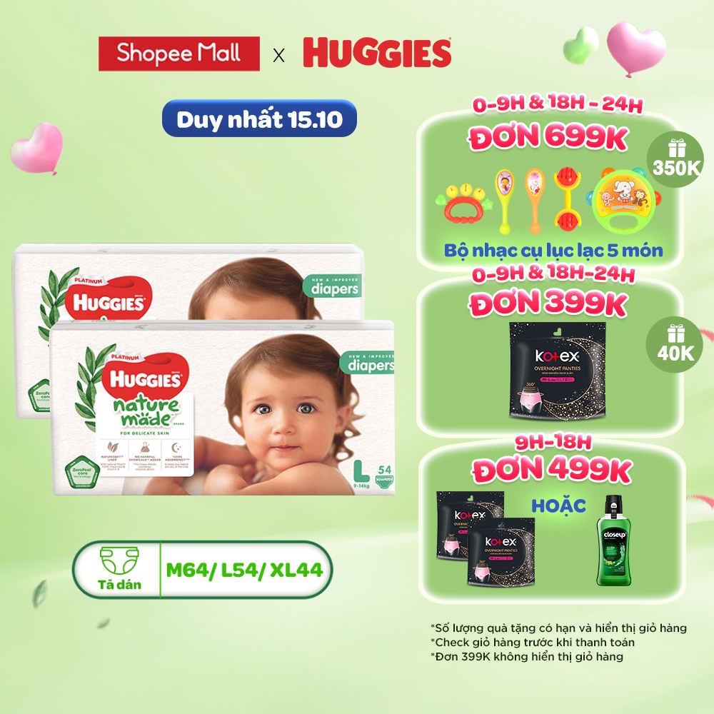 Combo 2 Tã Bỉm dán Huggies Platinum NatureMade M64 L54 XXL44