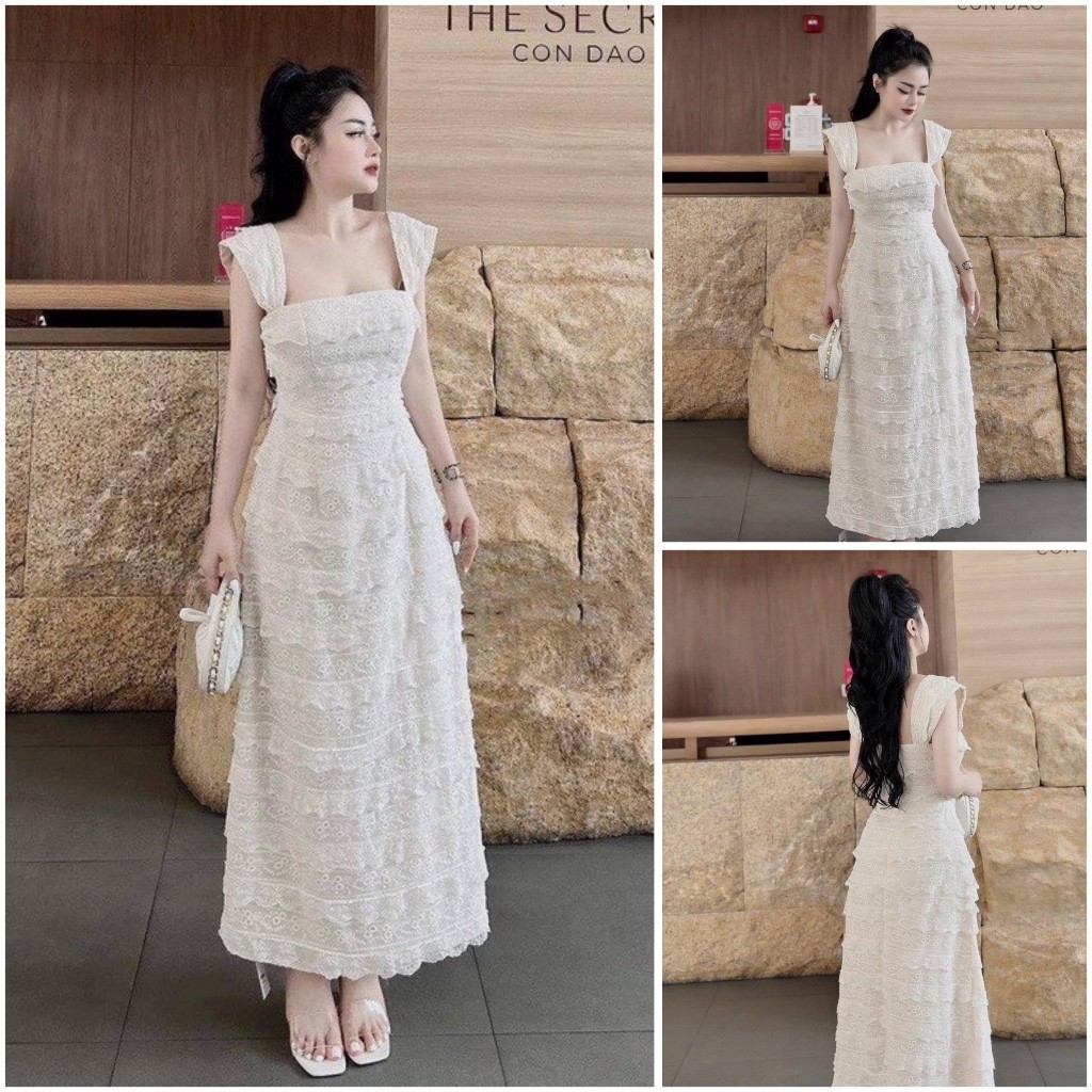 Đầm váy ren maxi hai dây cánh tiên cổ vuông phối ren tầng 2 lớp QC tone màu trắng tinh khôi nhẹ nhàng dự tiệc sang chảnh