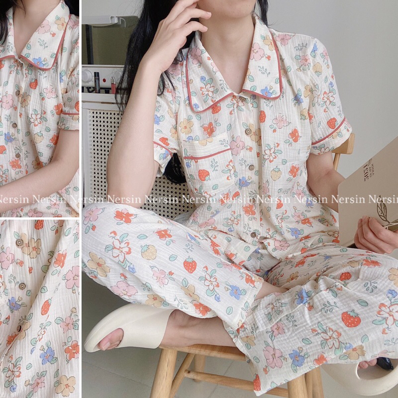 Bộ dài Pjzama mặc nhà Nersin tay ngắn chất liệu xô muslin cao cấp