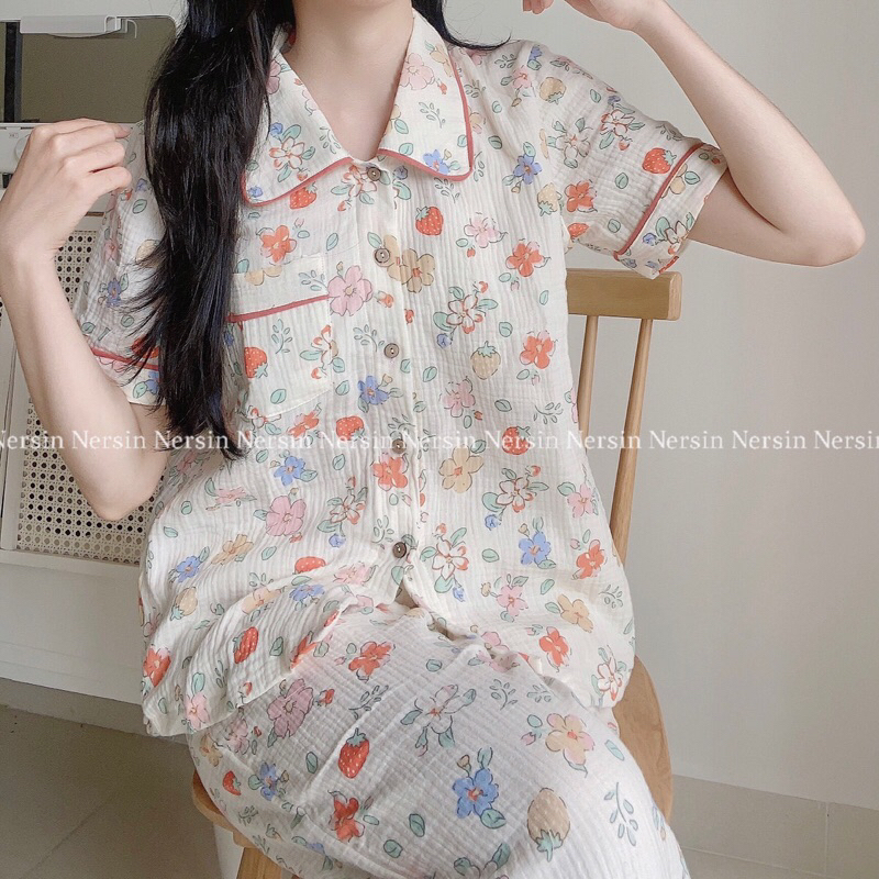 Bộ dài Pjzama mặc nhà Nersin tay ngắn chất liệu xô muslin cao cấp