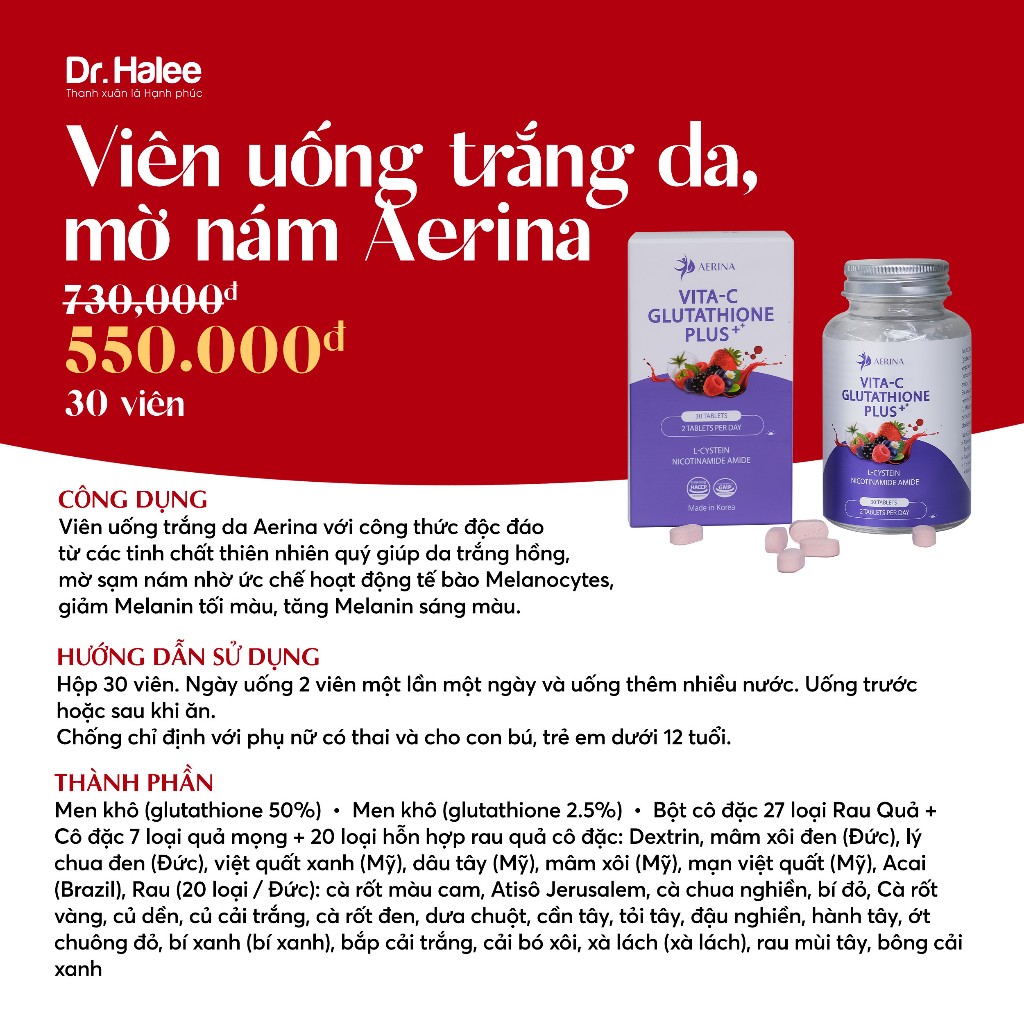 Viên Uống Trắng Da Mờ Nám Aerina Glutathione Plus+
