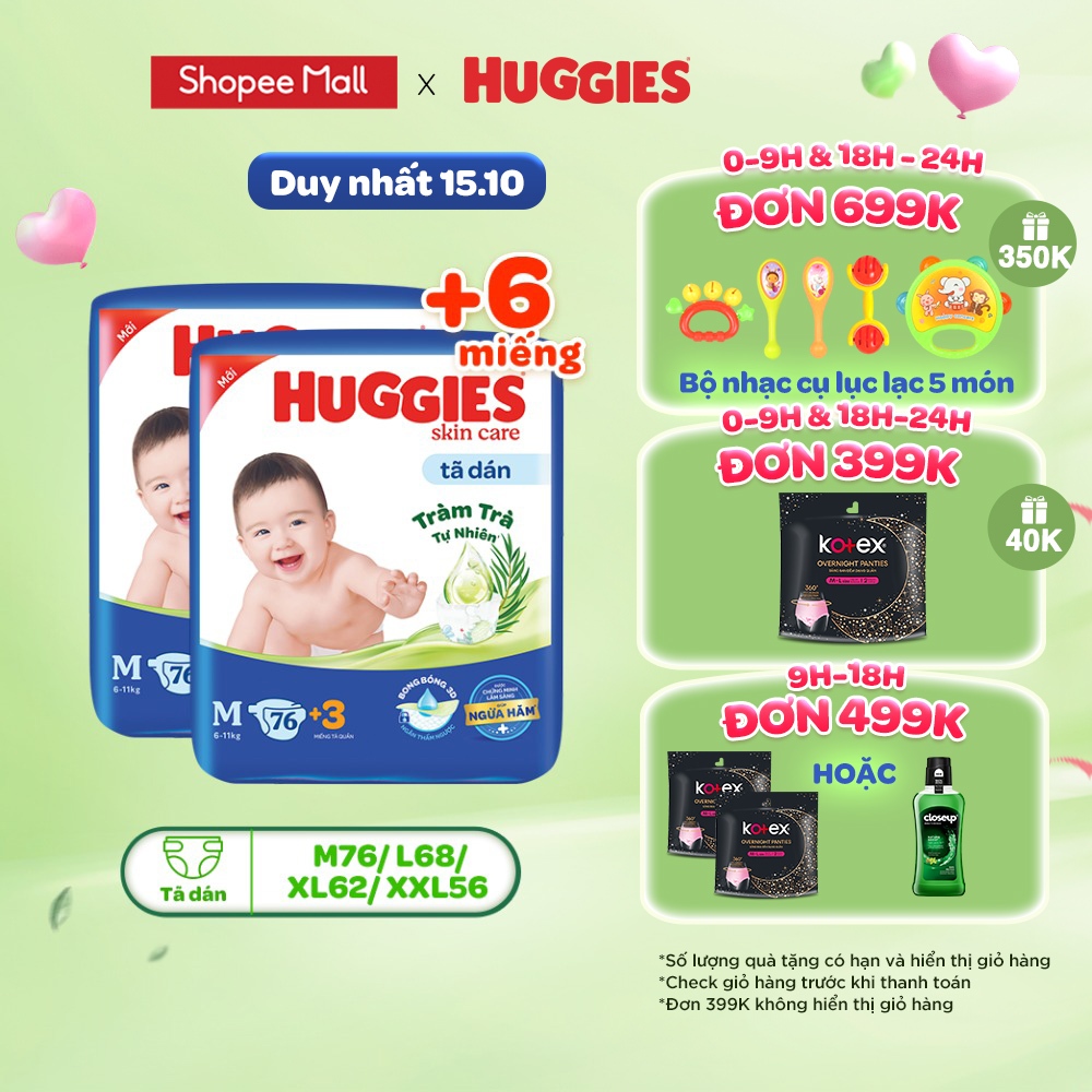 Combo 2 Tã bỉm dánHuggies Skincare Super Jumbo M76 L68 XL60 XXL56 Tặng 6M