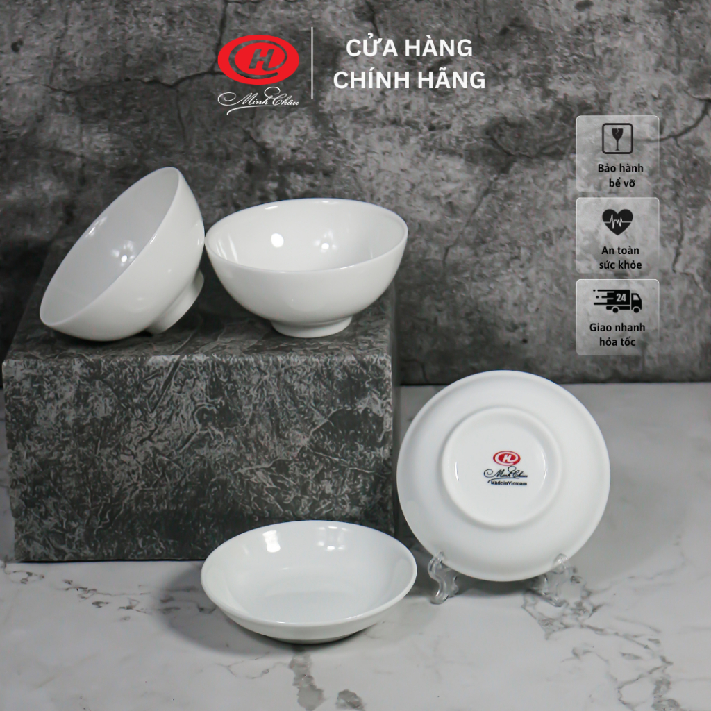 Bát chấm và đĩa chấm sứ xương trắng trơn sứ Minh Châu - Bone