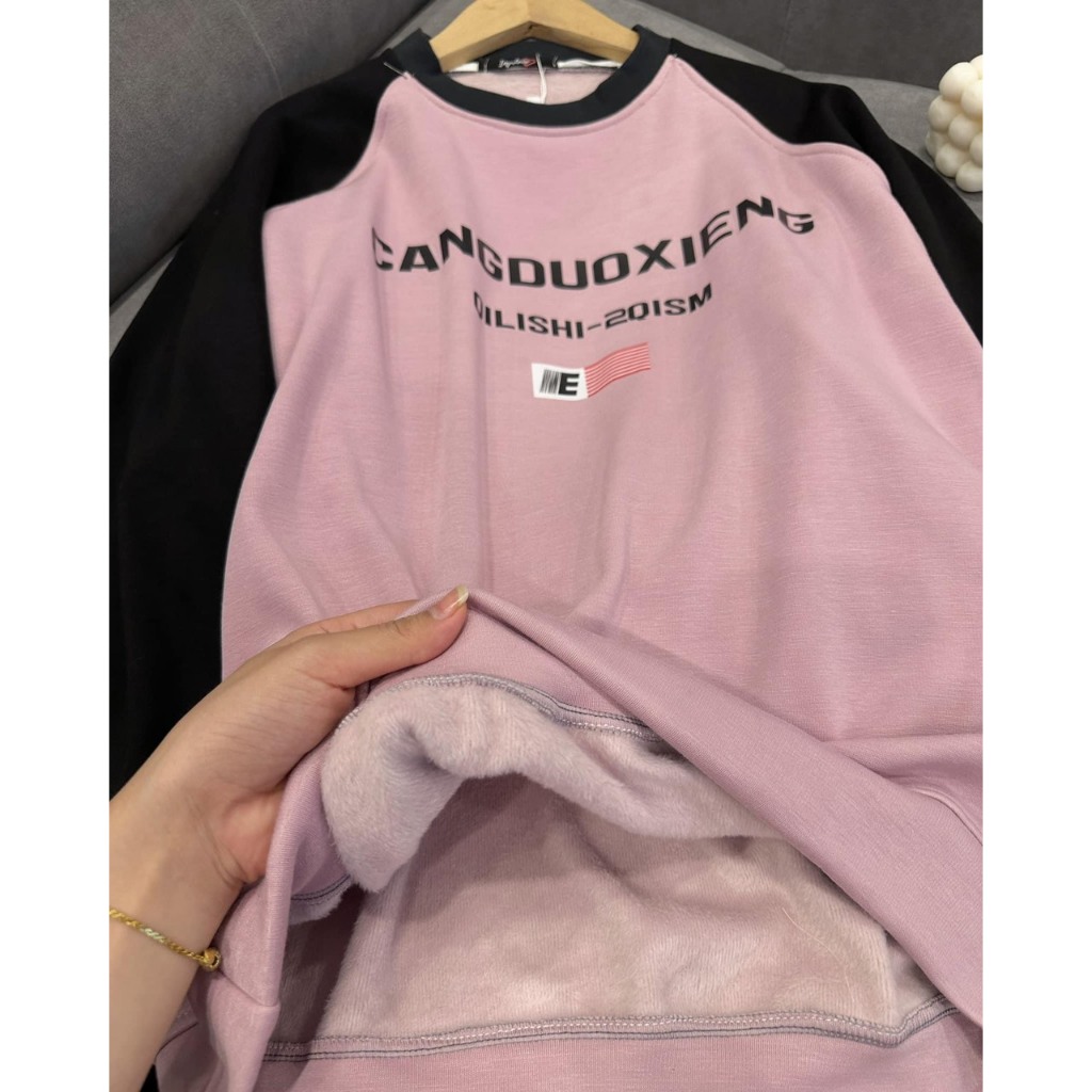 Áo Nữ, Áo Sweater Hồng Phối Đen Chất Nỉ Lót Lông Loại 1