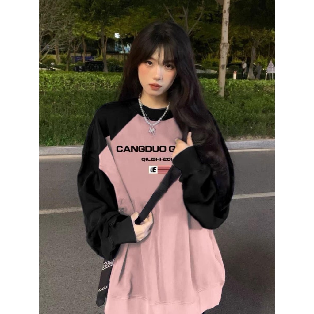 Áo Nữ, Áo Sweater Hồng Phối Đen Chất Nỉ Lót Lông Loại 1