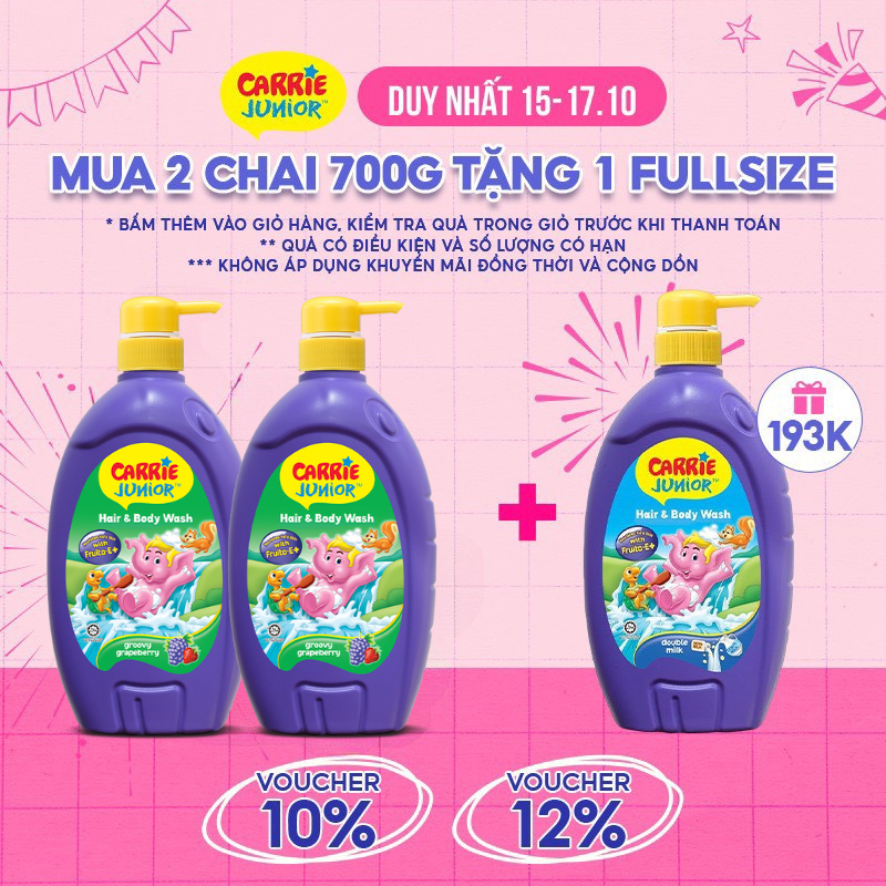 Combo 2 Sữa Tắm Gội cho bé Carrie Junior Hương Grapeberry 700g chai