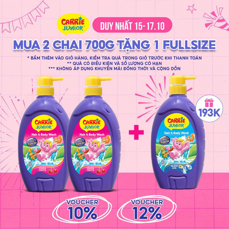 Combo 2 Sữa Tắm Gội cho bé Carrie Junior Hương Cherry 700g chai