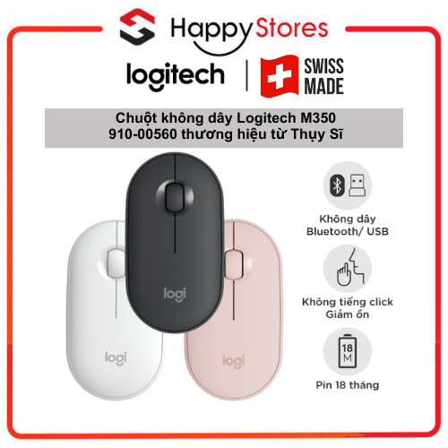 Chuột không dây Logitech Pebble M350, Bluetooth/ USB, nhỏ gọn, giảm ồn, thương hiệu từ Thụy Sĩ - Hàng Chính Hãng