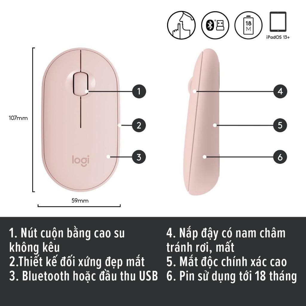 Chuột không dây Logitech Pebble M350, Bluetooth/ USB, nhỏ gọn, giảm ồn, thương hiệu từ Thụy Sĩ - Hàng Chính Hãng