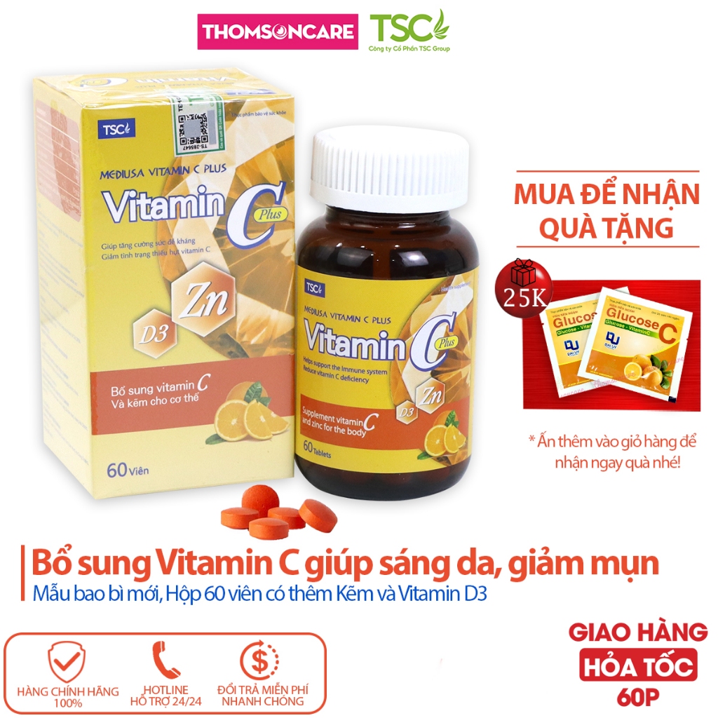 Viên uống tăng đề kháng Vitamin C có kẽm Mediusa giúp trắng da, ngừa mụn - Bổ sung vtm C - Hộp 60v Thomsoncare