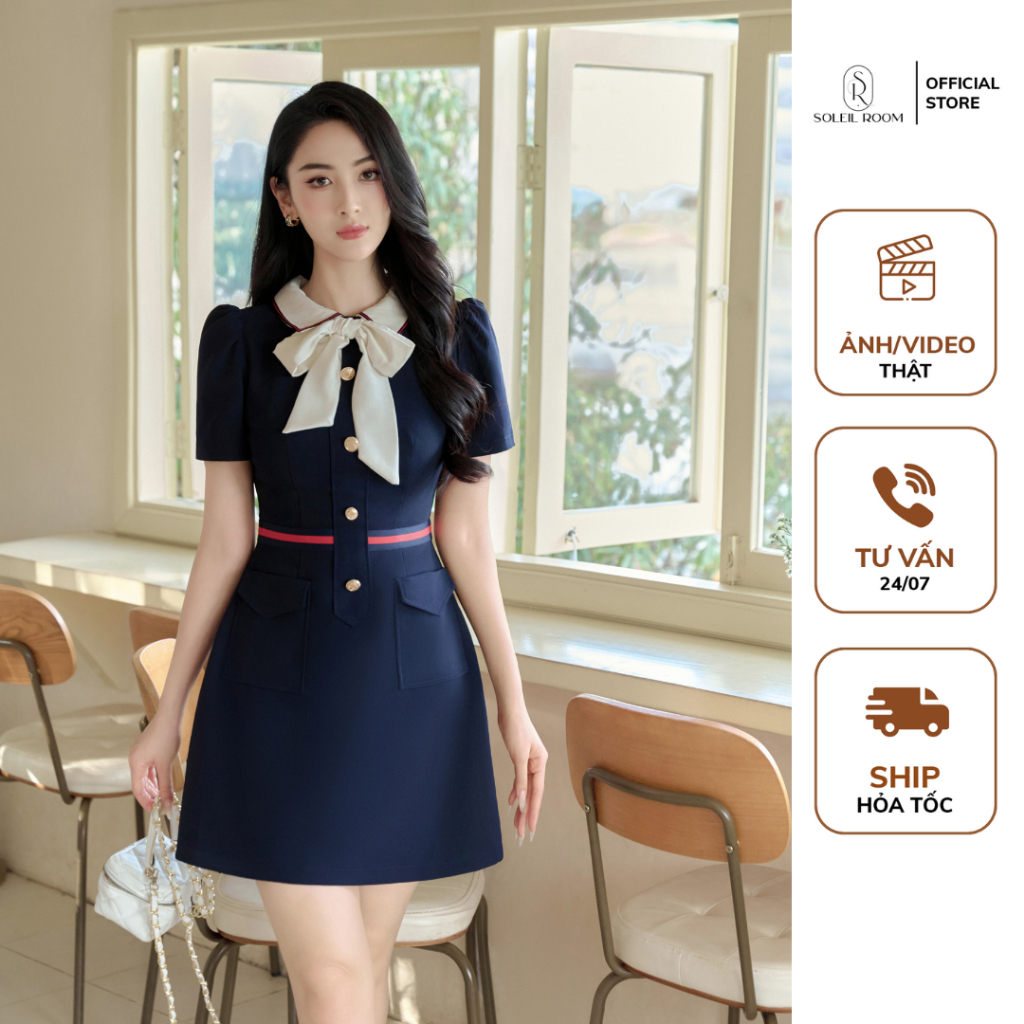 Váy Thiết Kế Nữ Dáng A SOLEIL ROOM Xanh Than Tôn Dáng Chiết Eo Thanh Lịch Vika Dress