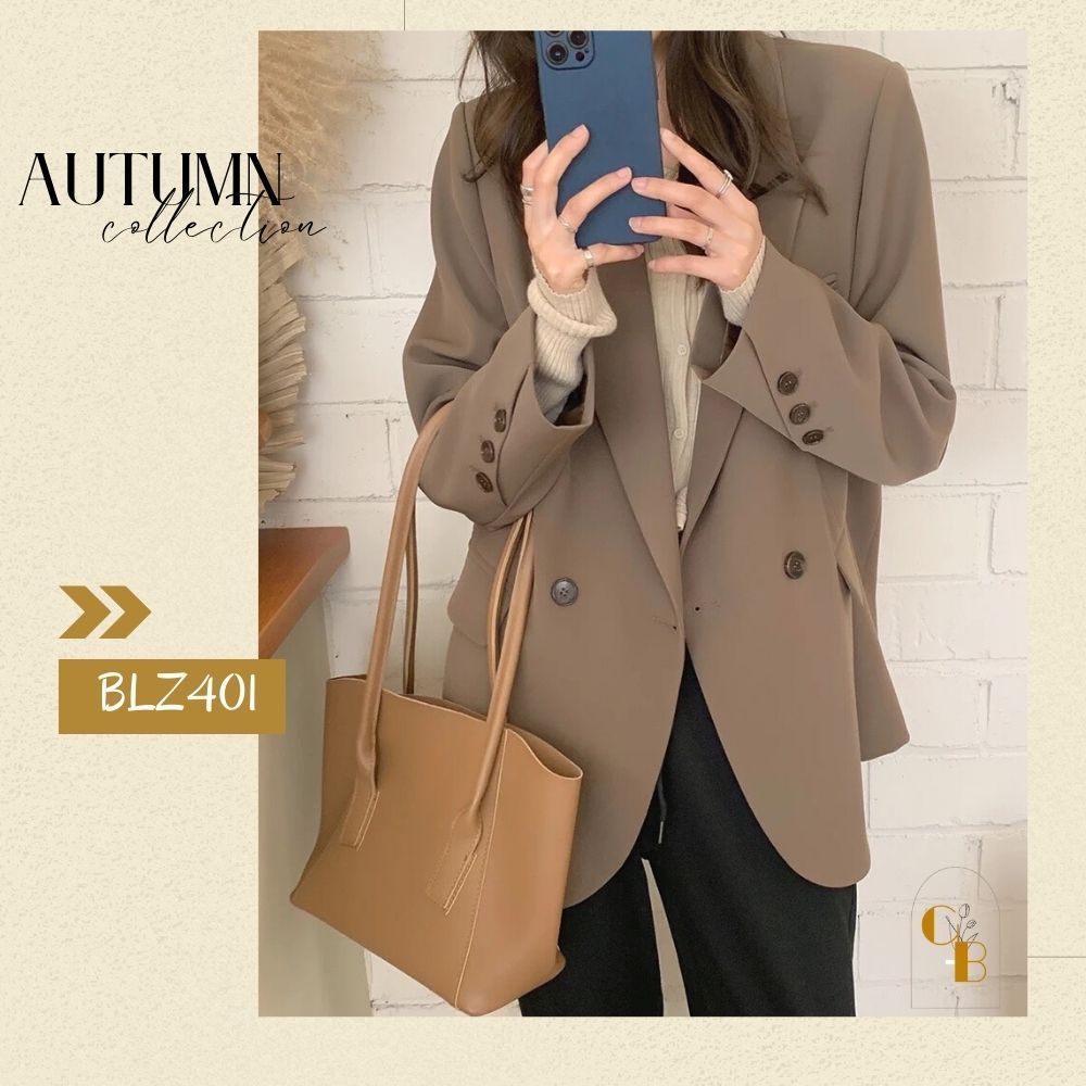 Áo khoác blazer nữ có lắp túi 2 lớp dày dặn DELIZ chất tuyết mưa loại tay chép 3 khuy GABY