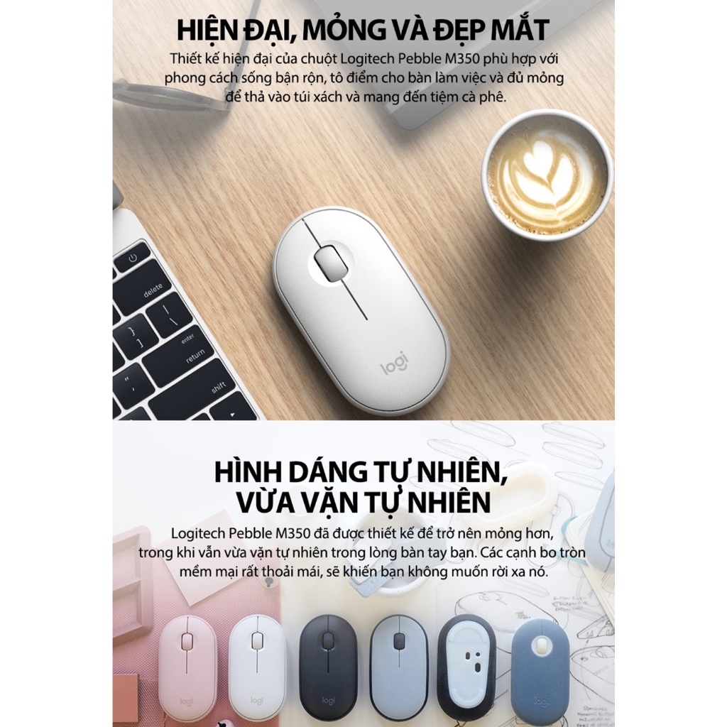 Chuột không dây Logitech Pebble M350, Bluetooth/ USB, nhỏ gọn, giảm ồn, thương hiệu từ Thụy Sĩ - Hàng Chính Hãng