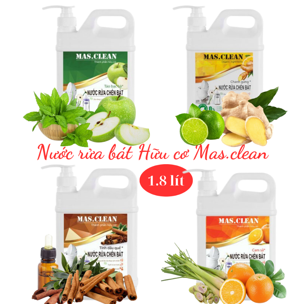 Nước rửa chén bát hữu cơ Mas.Clean - An toàn, sạch hiệu quả, không hại da tay - Chai 1.8l có vòi tiện dụng