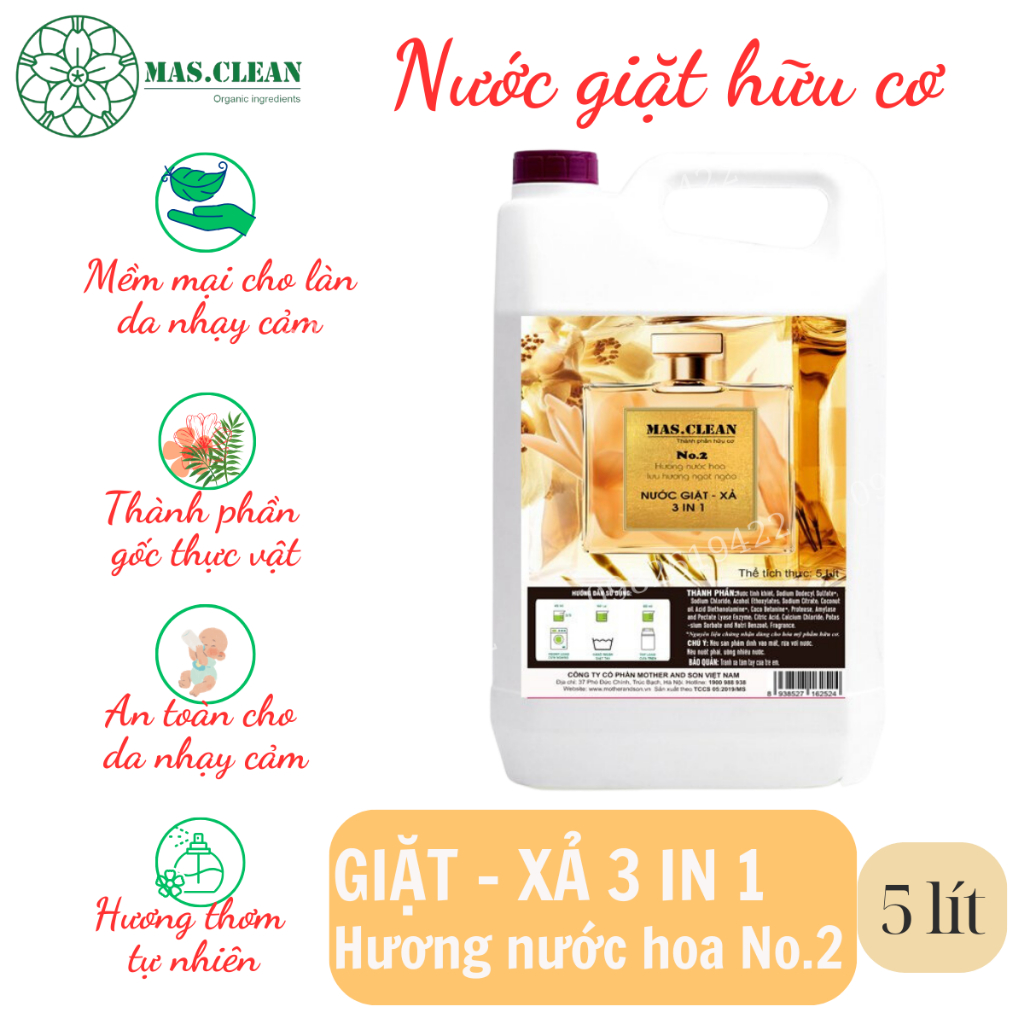 Nước giặt hữu cơ Hương nước hoa No.1 MasClean - Sạch sâu, lưu hương lâu, an toàn cho da nhạy cảm - can 5L tiết kiệm
