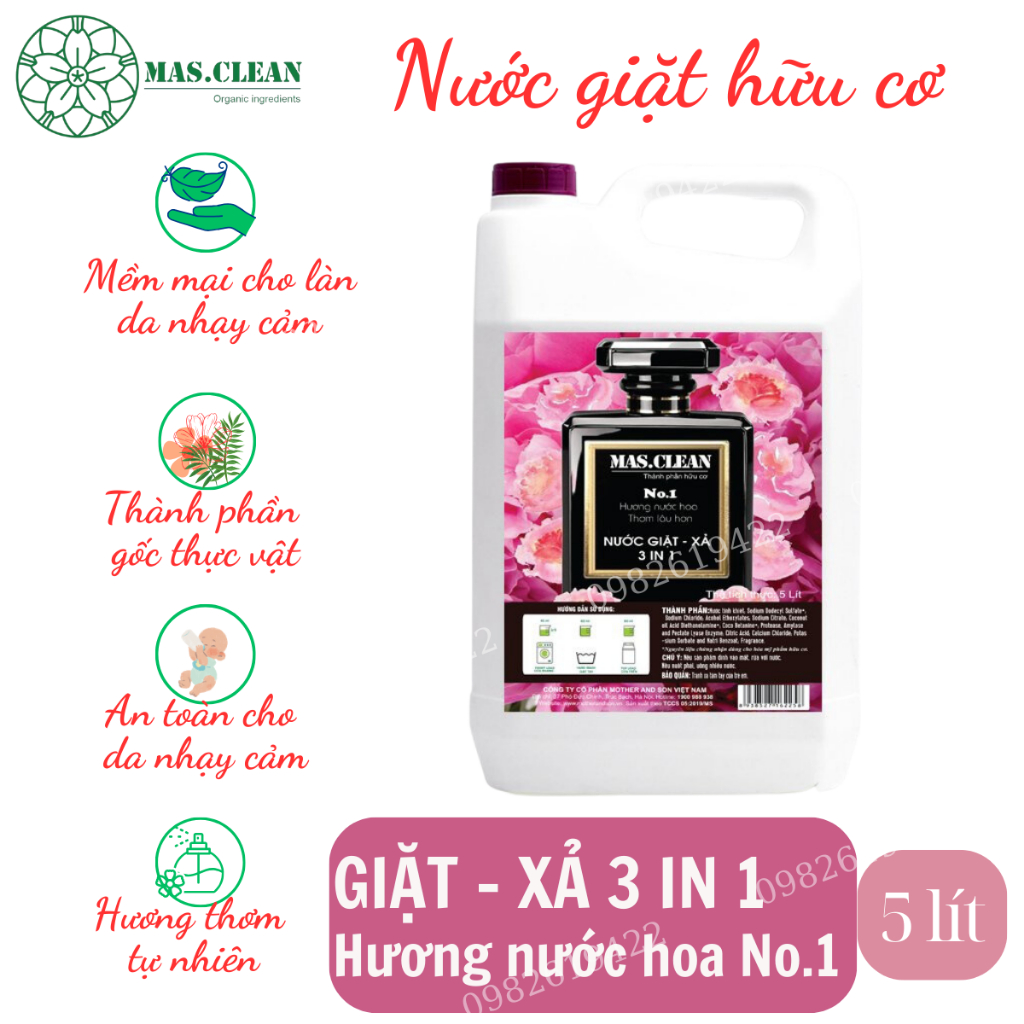 Nước giặt hữu cơ Hương nước hoa No.1 MasClean - Sạch sâu, lưu hương lâu, an toàn cho da nhạy cảm - can 5L tiết kiệm