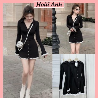 Váy Nữ Tăm Zip Đen Cổ V Cúc Dọc Phối Bèo Dài Tay Đầm Nữ Ôm Body Phối Viền Trắng Freesize
