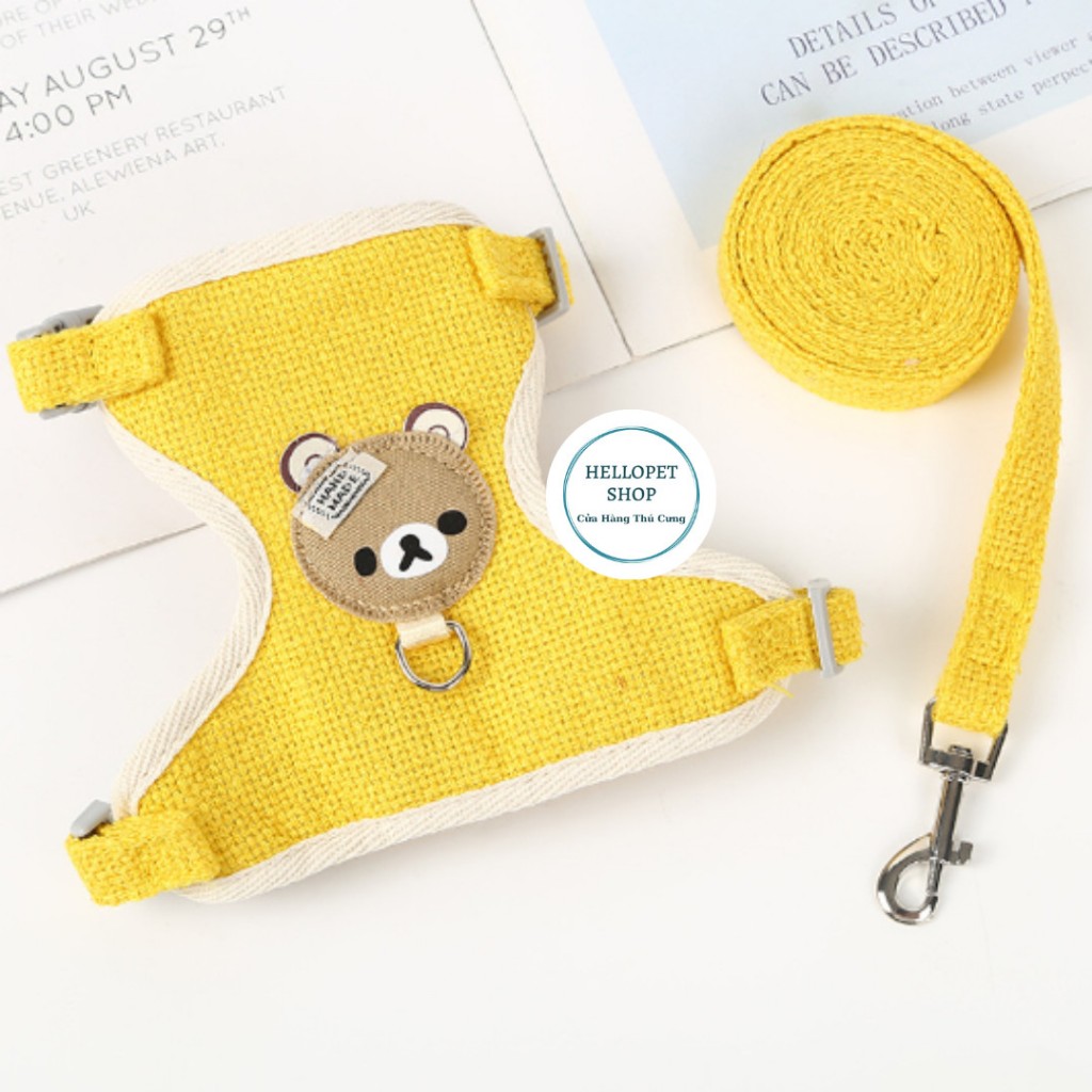 Bộ yếm dắt thú cưng, Dây dắt chó mèo dạng yếm đeo cao cấp, hình mặt gấu dễ thương chất liệu cotton thoáng khí HELLOPET