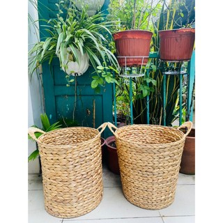 Giỏ lục bình tròn decor và đựng đồ tiện dụng, có tay cầm & khung sắt