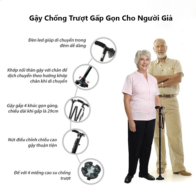 Gậy Chống Trượt Gấp Gọn MARIC Cho Người Già Có Đèn, 4 Chân Đứng Chắc Chắn