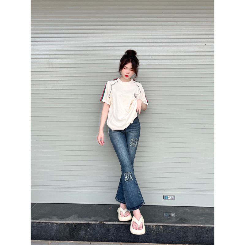 Quần jeans ống loe chà leo màu bạc lưng cao co giãn hack dáng