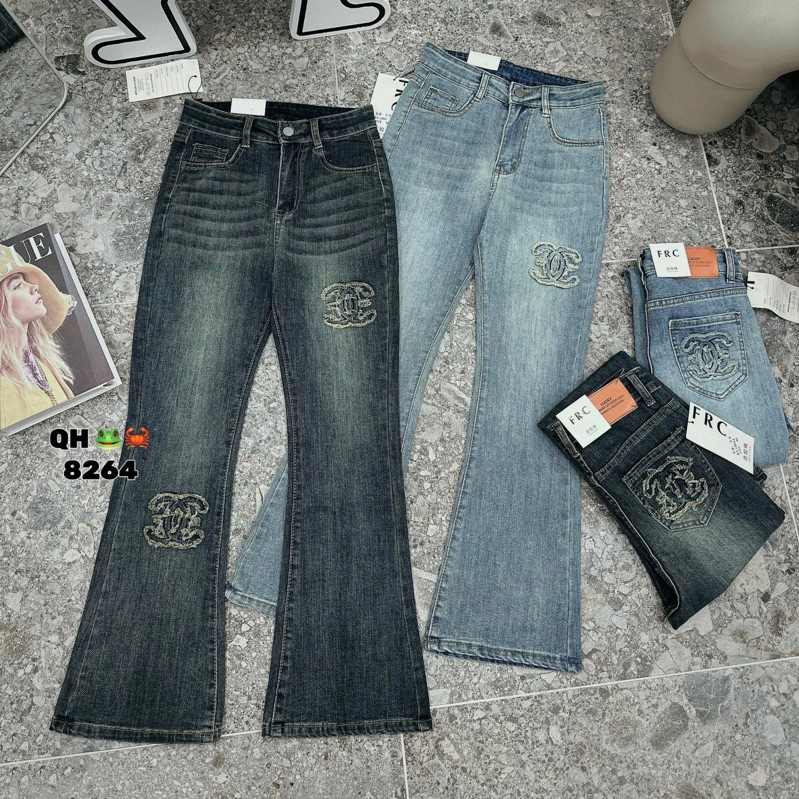 Quần jeans ống loe chà leo màu bạc lưng cao co giãn hack dáng