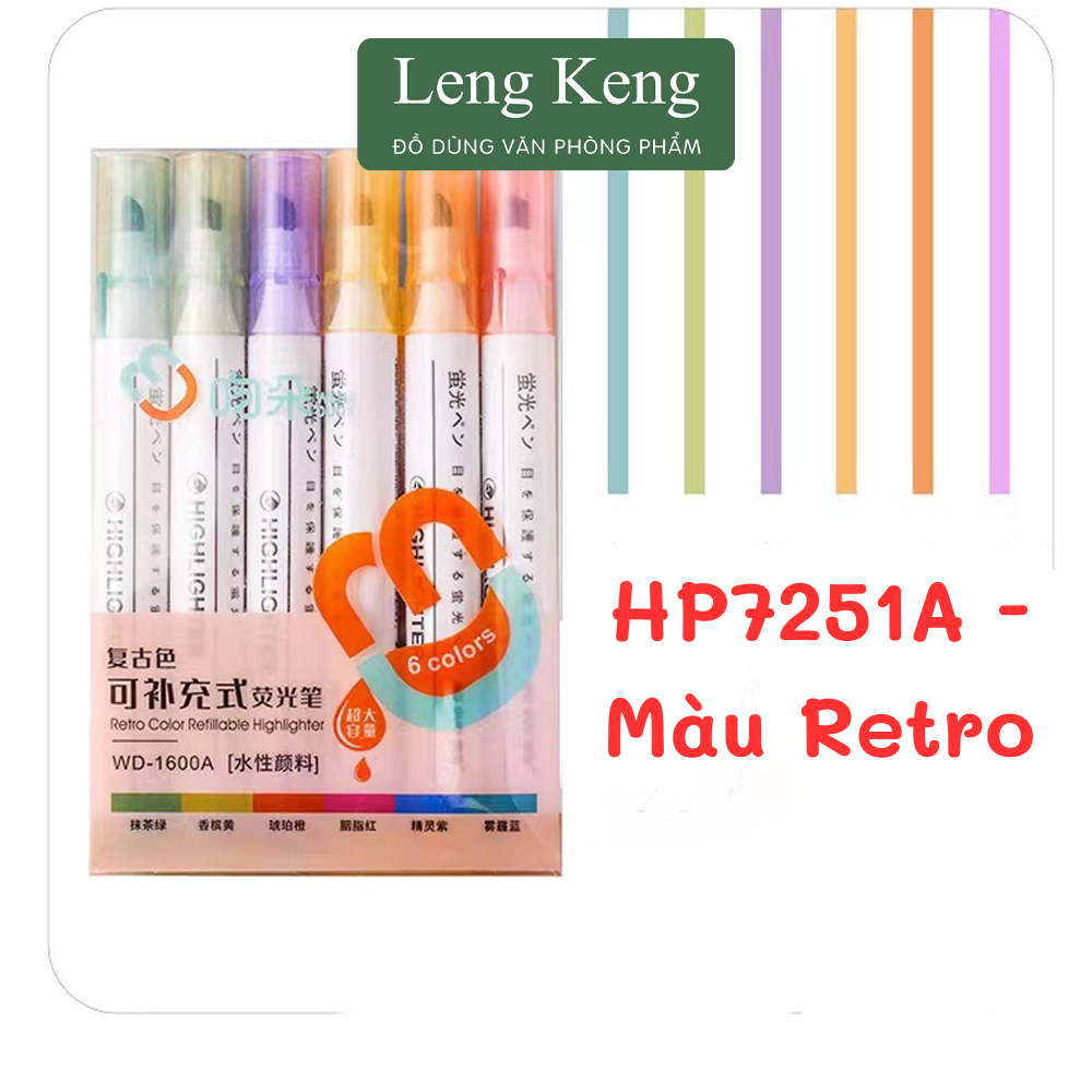 Bút dạ quang bộ 6 màu highlight pastel văn phòng phẩm Leng Keng đánh dấu nhớ dòng HP7251