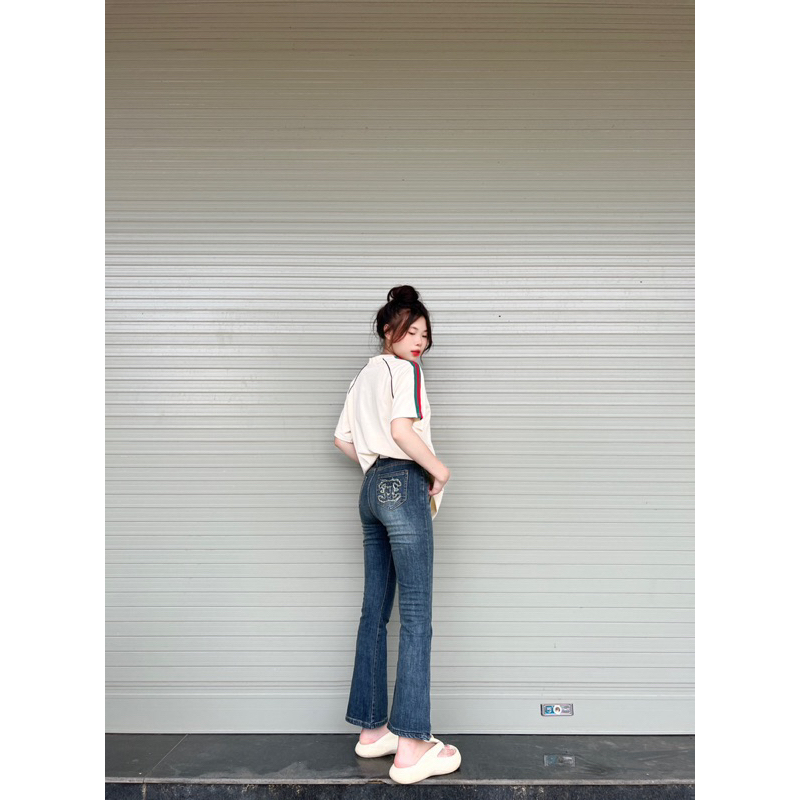 Quần jeans ống loe chà leo màu bạc lưng cao co giãn hack dáng