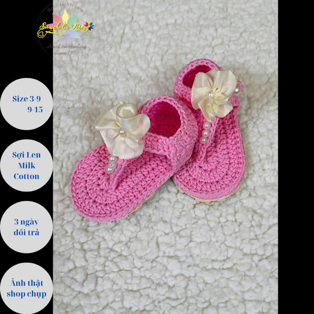 Dép đan móc sợi cotton màu hồng dép tập đi chống trơn bé gái 0-15 tháng dép xỏ ngón hanmade dep be gái xinh xắn