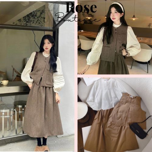 Set đồ nữ 3 món chân váy xòe midi, áo phông croptop và áo pull crop chất liệu cotton thun thoáng mát thời trang