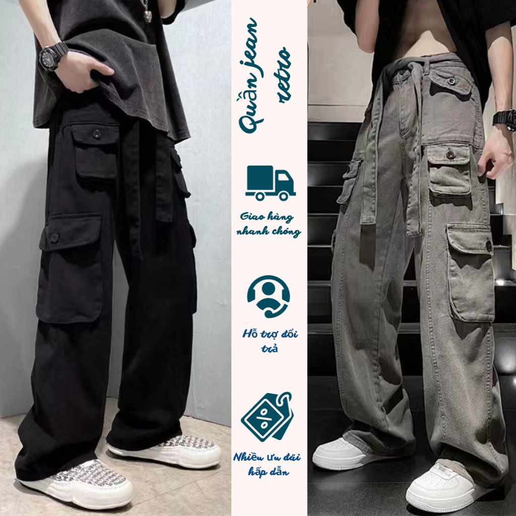 Quần jean túi hộp ống suông MIAA nam nữ kèm dây phong cách Hiphop,Quần túi hộp kaki Cargo pant form rộng chất jean chuẩn