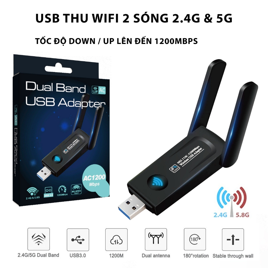 USB Thu WiFi 1200 Mbps 802.11AC - 2 râu nâng cấp WiFi lên 2 sóng 2.4G & 5G cho máy tính PC. Laptop hút wifi mạnh