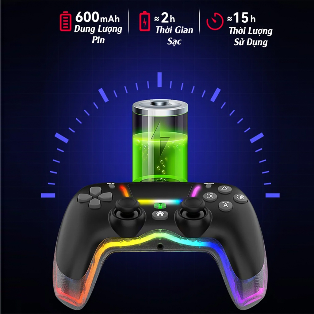 Tay Cầm P07 LED RGB Siêu Rung - Kết Nối Bluetooth, Dây Type C Hỗ Trợ PC/Laptop/Smart Phone, Tay Cầm Chơi Game Game FO4