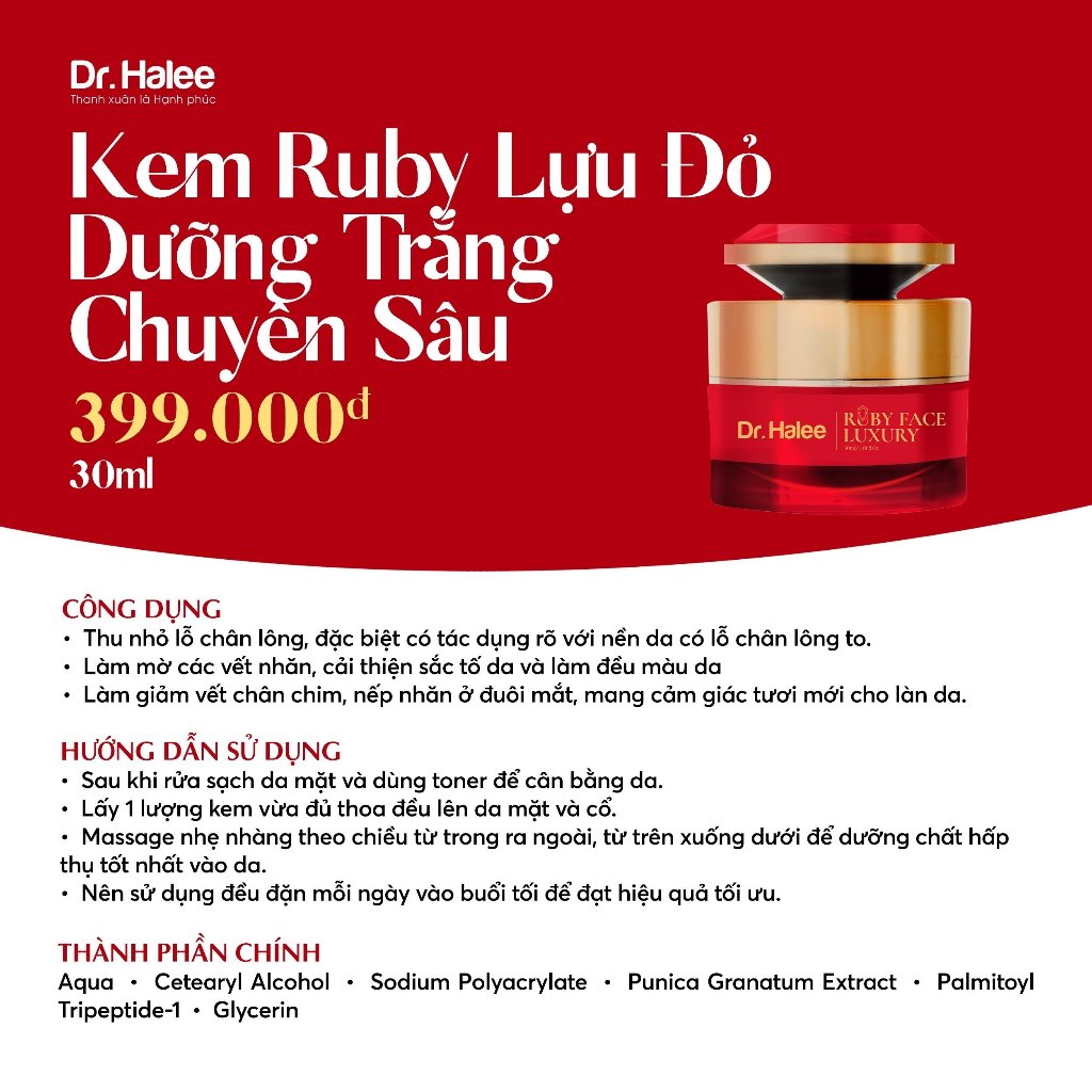Kem Dưỡng Trắng Da Chuyên Sâu Ruby Lựu Đỏ Dr.Halee 30ml