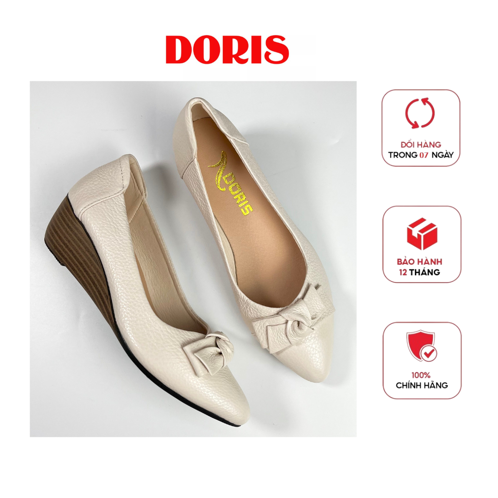 Giày búp bê đế xuồng 5cm DORIS DR503 da thật mũi nhọn gắn nơ vuông màu kem thời trang cho nữ - CÓ BẢO HÀNH-CÓ SIZE 40