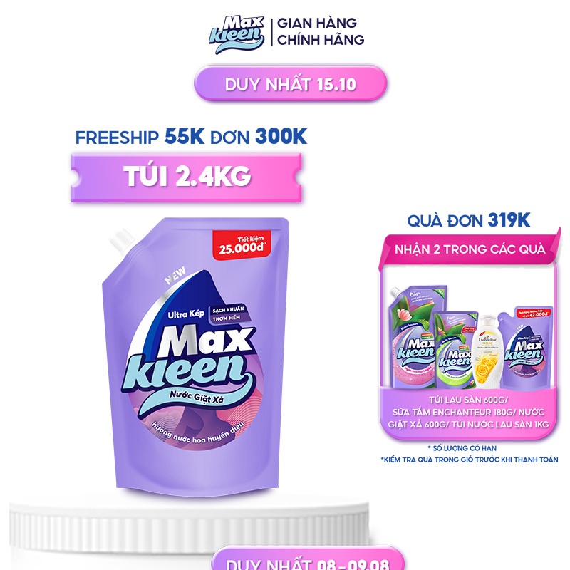 Túi Nước Giặt Xả MaxKleen Hương Nước Hoa Huyền Diệu 2,4kg