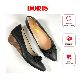 Giày búp bê đế xuồng 5cm,❤️❤️ da thật mũi nhọn gắn nơ vuông màu đen Doris DR503.-CÓ SIZE 40