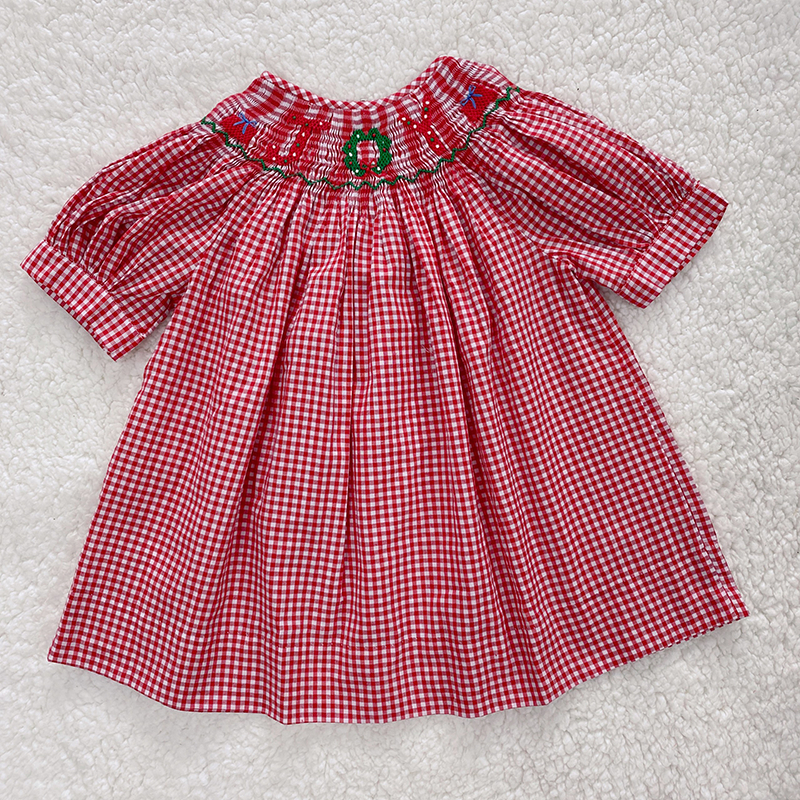 Váy Đầm Bé Gái SMOCK CÔ NẮNG Màu Đỏ Kẻ Caro Thêu Noel