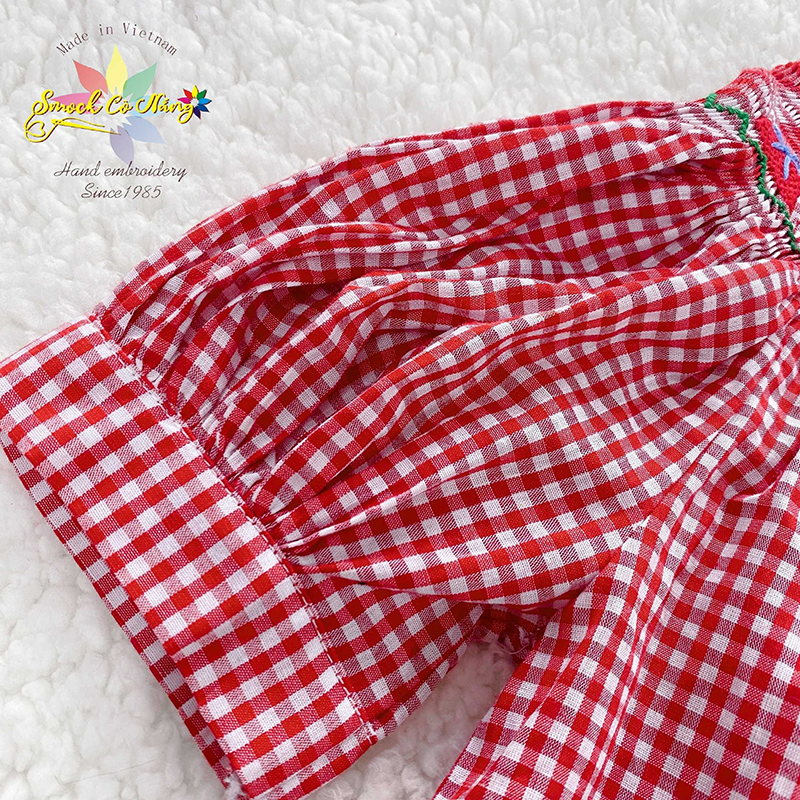 Váy Đầm Bé Gái SMOCK CÔ NẮNG Màu Đỏ Kẻ Caro Thêu Noel