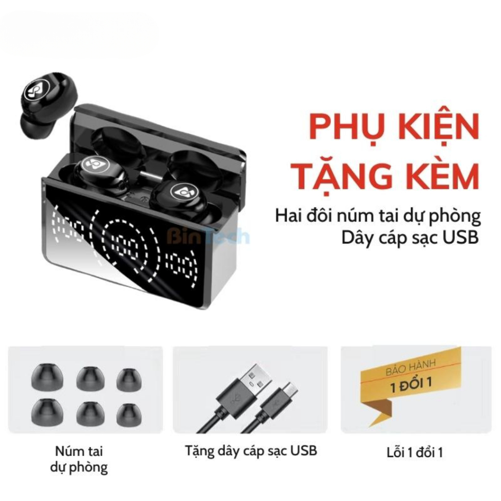 Tai nghe bluetooth GS5,tai nghe không dây nhét tai, màn hình đèn LED, kiêm sạc dự phòng