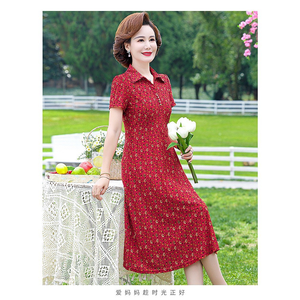 Đầm sơ mi thun co giãn trung niên váy trung niên váy tặng mẹ váy cho người lớn