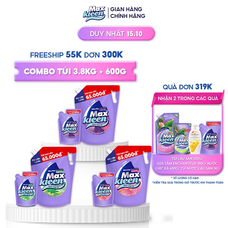 Combo Túi Nước Giặt Xả 3.8kg + Túi Nước Giặt Xả 600g Maxkleen