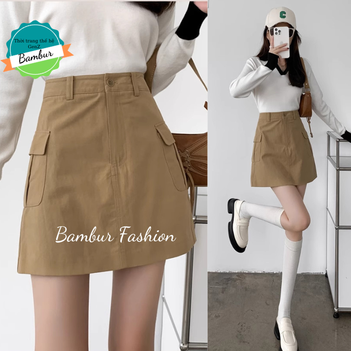 Chân váy kaki dáng chữ a ngắn lưng cao ôm body túi nắp hộp 2 bên thời trang Bambur phong cách Hàn Quốc