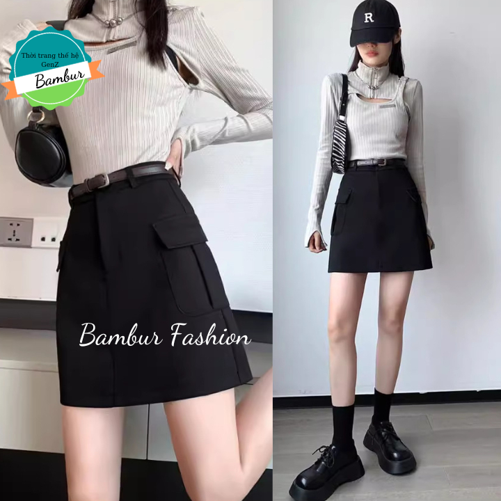 Chân váy kaki dáng chữ a ngắn lưng cao ôm body túi nắp hộp 2 bên thời trang Bambur phong cách Hàn Quốc