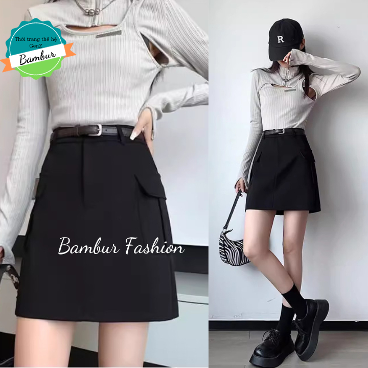 Chân váy kaki dáng chữ a ngắn lưng cao ôm body túi nắp hộp 2 bên thời trang Bambur phong cách Hàn Quốc